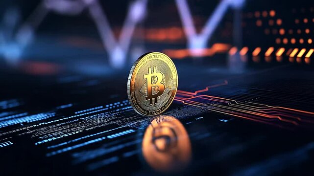 A single golden coin engraved with a blockchain symbol, glowing in a dark digital background, representing the future of decentralized currency.