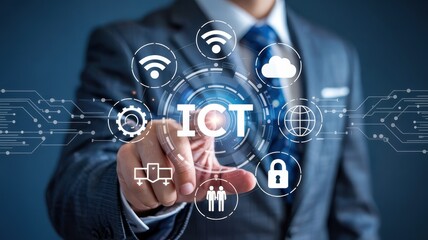 Businessperson interacting with an informational technology concept.