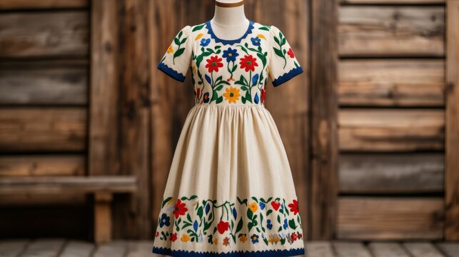 Elegant Hungarian Matyo folk dress with vibrant floral embroidery displayed in rustic wooden room historic craftsmanship 
