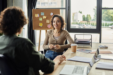 Engaging conversation in a modern office setting with a focus on collaboration and creativity