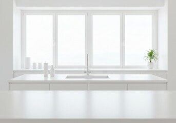 Fototapeta premium Modern kitchen empty wooden table window mockup sink in a hotel interior design