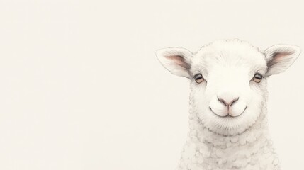 Fototapeta premium A fluffy white sheep looks friendly, centered right with a light background