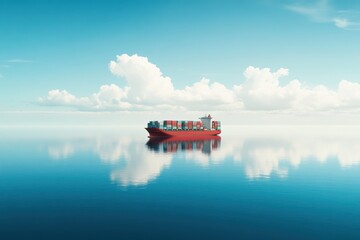 A large container ship sailing on a calm sea. Clear blue sky and water, with no other vessels in sight.
