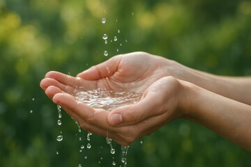 Hands cupping fresh water outdoors.