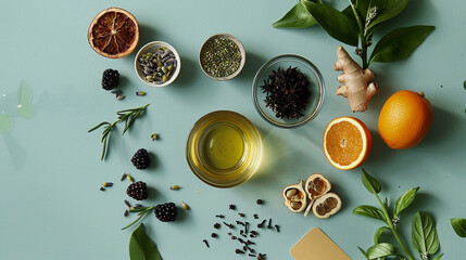An Alchemist's Palette of Natural Ingredients: An Overhead View of Various Herbs, Spices, Oils, and Flowers Arranged on a Dark, Textured Surface, Suggesting Natural Remedies or Culinary Arts.






