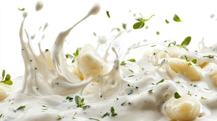 Creamy pasta dish with splashes of sauce and herbs.