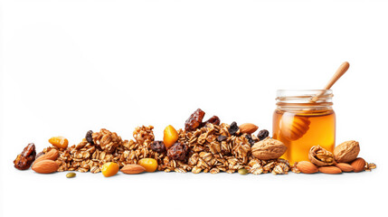 Granola with Nuts, Honey, and Dried Fruits on Transparent Background