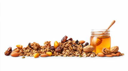 Granola with Nuts, Honey, and Dried Fruits on Transparent Background