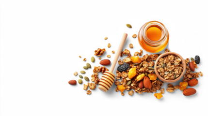 Crunchy Granola with Honey and Nuts on Transparent Background