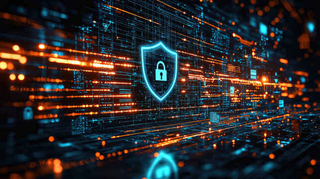 Cybersecurity network protection.  Data security visualized with a shield and lock graphic embedded in a complex digital network