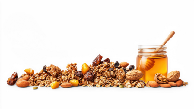 Granola with Nuts, Honey, and Dried Fruits on Transparent Background
