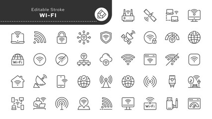 Wi-fi line icon set. Wireless network, online, ofline, internet, signal, connect, hotspot and more. Outline vector icon in linear style. Series of pictograms.	