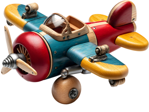 Close up of a colorful wooden toy airplane with red nose and blue wings on a black background white background