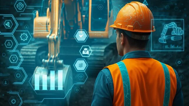 Construction Engineer Monitoring Excavator with Digital Holographic Interface for Smart Heavy Machinery Operation

