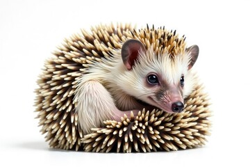 Obraz premium Tiny hedgehog curled in a ball, isolated on pure white background, studio, isolated, illustration