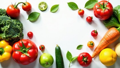 Variety of organic fruits & vegetables on white, vegetarian, farm-to-table