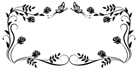 Floral frame ornament with rose flowers, leaves and butterfly. Decorative element for decor and text greeting or invitation card design.