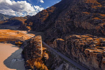 Beautiful autumn landscape Katun river and mountains, famous tourist spot in republic Altai...