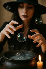 Witch Conjuring Floating Bubbles from Bubbling Cauldron beside Candle in Dark Room

