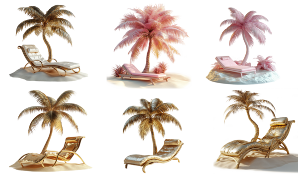 Stylized set gollden palm tree and gold lounge chair on the sand on transparent background