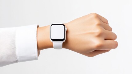 Woman's Wrist Wearing a White Smartwatch with Blank Screen on White Background