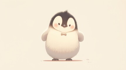 Obraz premium A fuzzy, charming, cartoon penguin with a tiny bow tie stands happily