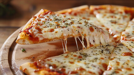A Mouthwatering Slice of Heaven: Golden, Gooey Cheese Pulling Away from a Hot and Delicious Pizza, Ready to Be Enjoyed.