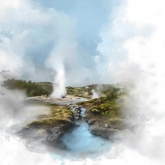 Obraz premium Geothermal Eruption in Iceland A Serene Watercolor Landscape.