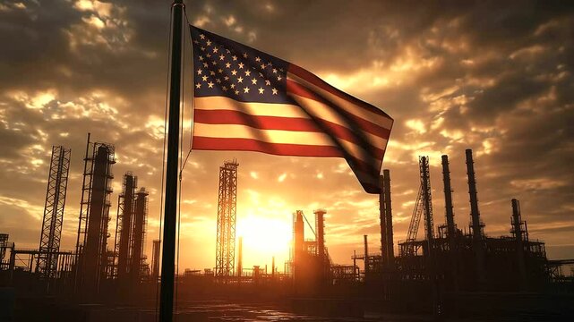 Golden sunlight filters through an American flag waving proudly above an active industrial site, where cranes stretch toward the sky, embodying ambition and national strength.