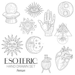 Hand-drawn esoteric vector set including crystals, tarot cards, moon phases, candles, herbs, and mystical symbols. Ideal for spiritual design and metaphysical projects.