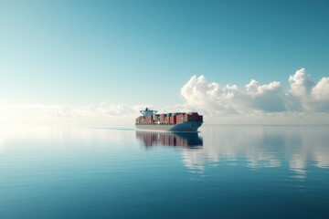 A large container ship with multiple cargo containers on deck, sailing smoothly on a serene and calm sea under clear skies.