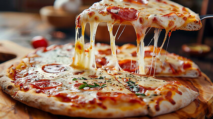 A Mouthwatering Slice of Heaven: Golden, Gooey Cheese Pulling Away from a Hot and Delicious Pizza, Ready to Be Enjoyed.