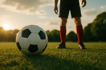 Obraz premium Soccer field sunset silhouette player