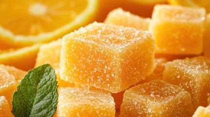 Orange jelly cubes, mint garnish, citrus background, dessert, food photography