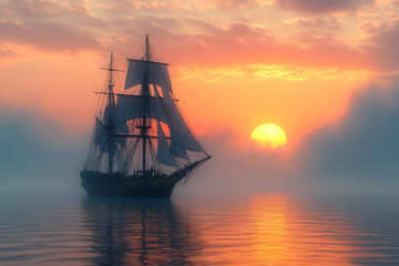 Fototapeta premium Serene dusk seascape with silhouetted sailing ship. Dreamlike pastel hues; lavender, yellow, green. Ideal for travel, mindfulness, or nautical themes. Copy space above.
