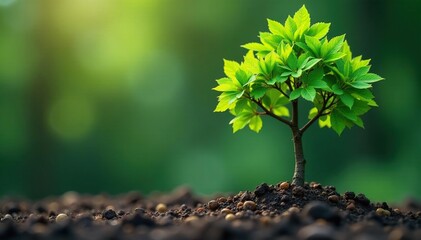 Tiny tree, slender trunk, vibrant green leaves, twig, vibrant
