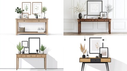 Fototapeta premium Four wooden console tables with framed art, plants, and decorative accents