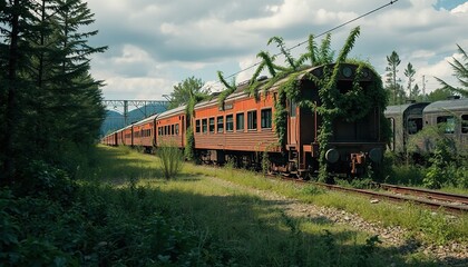Obraz premium Rusty train overgrown with plants