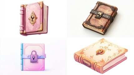 Four illustrated fantasy books with ornate covers, lock and key details