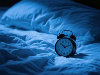 Ringing alarm clock and wrinkled sheets at early morning, dark shadows and blue light, representing cognitive fatigue and sleep deprivation, visual metaphor of insomnia