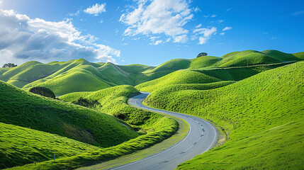 A Sun-Drenched Path Through Rolling Green Hills: A Winding Country Road Under a Brilliant Blue Sky with Fluffy White Clouds, Beckoning Exploration and Open Road Adventures.