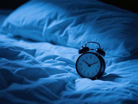 Ringing alarm clock and wrinkled sheets at early morning, dark shadows and blue light, representing cognitive fatigue and sleep deprivation, visual metaphor of insomnia
