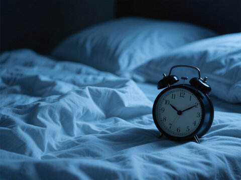 Uncomfortable sleep setting with wrinkled sheets and ringing alarm clock, dark shadows, blue light, visual representation of sleep deprivation and cognitive fatigue