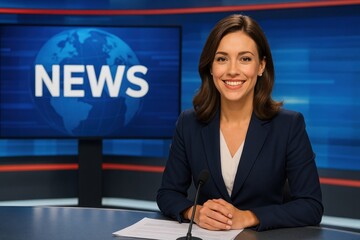 Professional news anchor smiling.