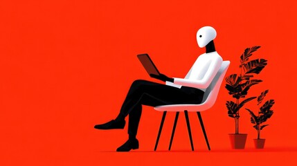 Robotic Figure Working Remotely on a Tablet in a Modern Chair