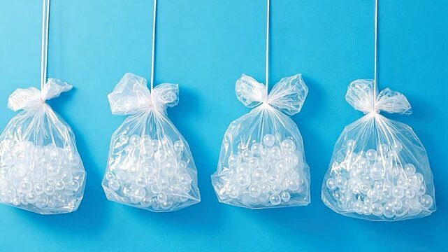 Transparent plastic bags filled with small, clear spheres, hanging from strings against a vibrant blue background