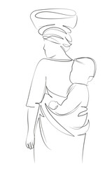 One continuous single drawing line art flat doodle africa, woman, culture, ethnic, tradition, child, basket. Isolated image hand draw contour on a white background, hand drawn, not AI