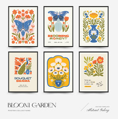 Abstract floral posters template. Modern trendy Matisse minimal style. Pink and blue colors. Hand drawn design for wallpaper, wall decor, print, postcard, cover, template, banner.