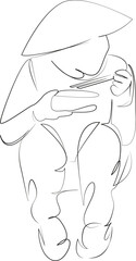 One continuous single drawing line art flat doodle woman, food, vietnamese, eating, asian, cookery. Isolated image hand draw contour on a white background, hand drawn, not AI