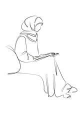 One continuous single drawing line art flat doodle book, reading, islam, woman, sitting, female. Isolated image hand draw contour on a white background, hand drawn, not AI